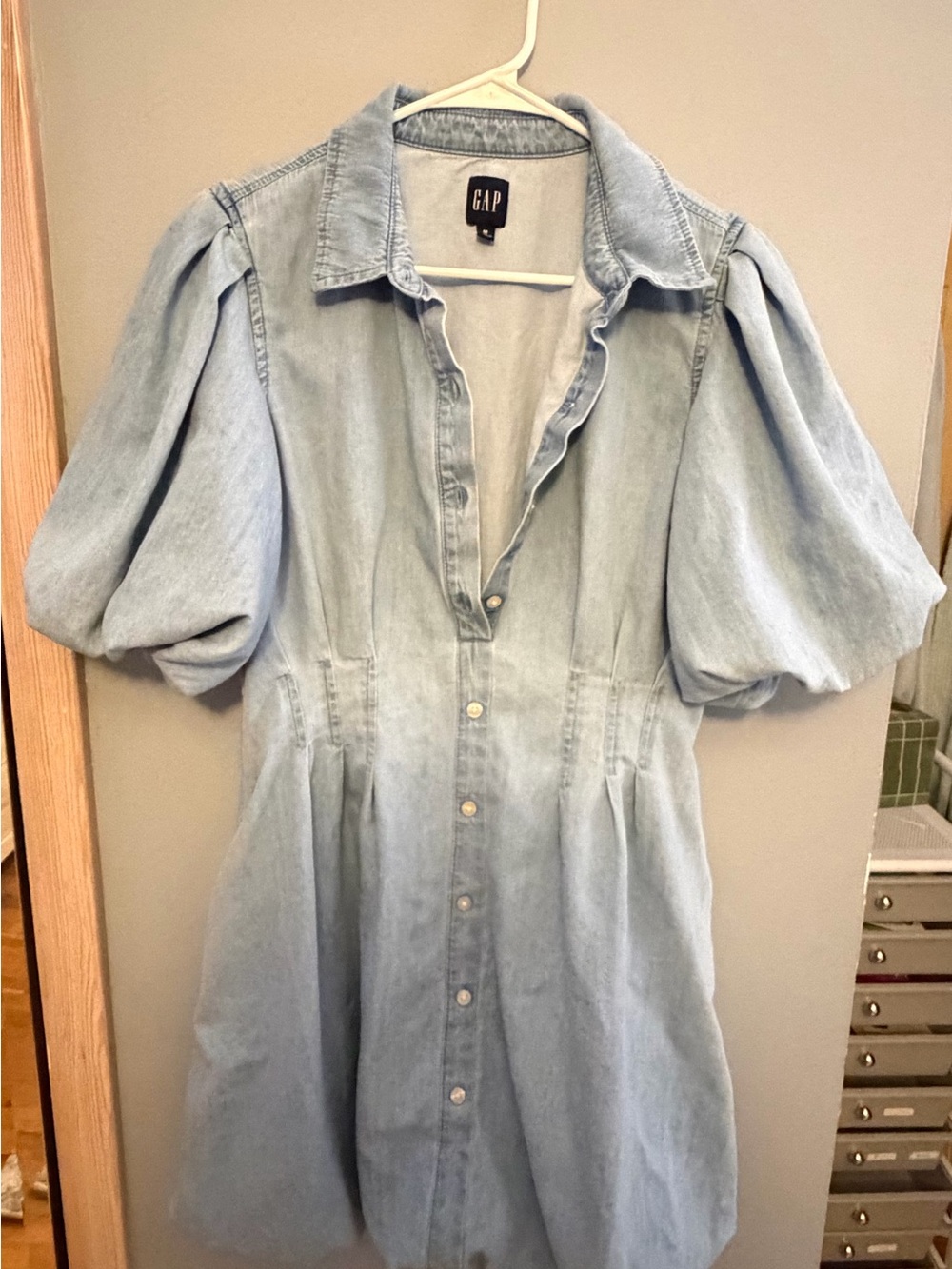 GAP Light Wash Denim Puff-Sleeve Shirt Dress